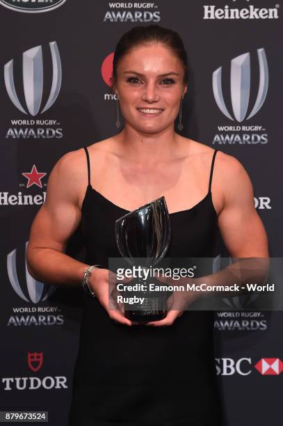 Michaela Blyde of New Zealand poses with the World Rugby via Getty Images Women's Sevens Player of the Year Award in association with HSBC during the...