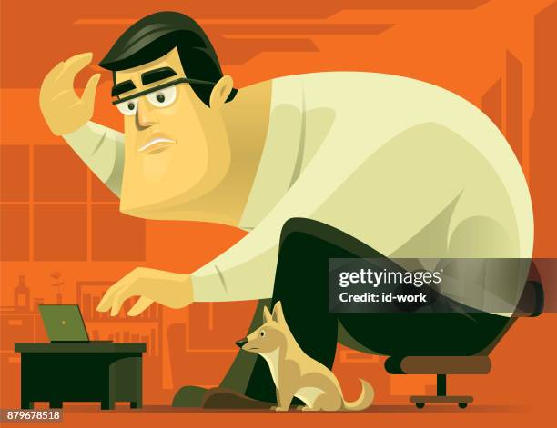 mann mit computer mit hund zu hause - zu groß stock-grafiken, -clipart, -cartoons und -symbole