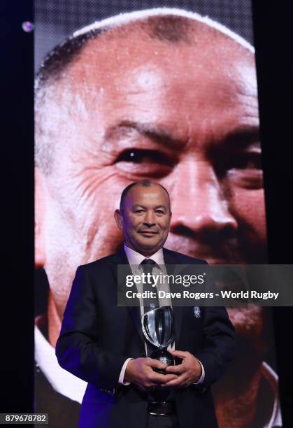 Eddie Jones of England poses with the World Rugby via Getty Images Coach of the Year Award during the World Rugby via Getty Images Awards 2017 in the...