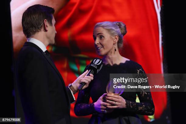 Joy Neville is interviewed by Alex Payne after receiving the World Rugby via Getty Images Referee Award during the World Rugby via Getty Images...