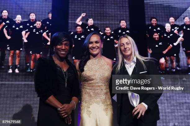 Portia Woodman and Kelly Brazier of New Zealand receive the World Rugby via Getty Images Team of the Year Award from Maggie Alphonsi during the World...