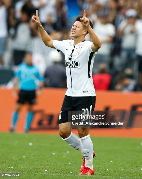 Marquinhos Gabriel of Corinthians celebrates after scoring their second goal during the match against Atletico MG for the Brasileirao Series A 2017...