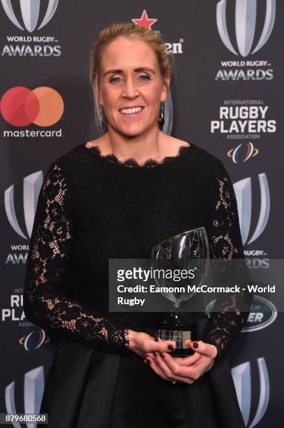 Joy Neville poses with the World Rugby via Getty Images Referee Award during the World Rugby via Getty Images Awards 2017 in the Salle des Etoiles at...