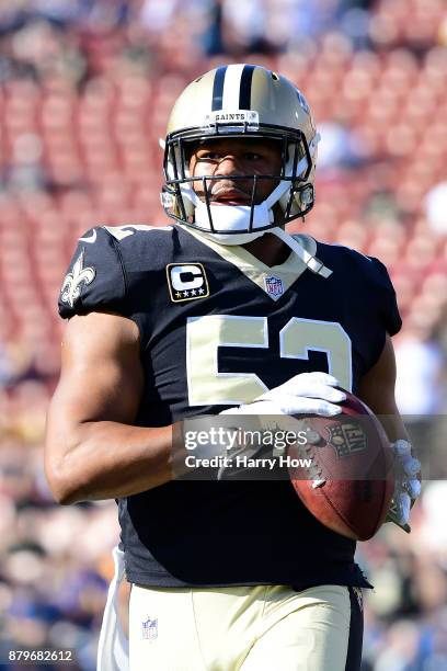 Craig Robertson of the New Orleans Saints warms up prior to the prior to the game against the Los Angeles Rams at the Los Angeles Memorial Coliseum...