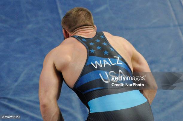 USAs Ty Walz competes with Polands Aleksander Wojtachnio during the Senior U23 Wrestling World Championships in the 97 kg class on November 26, 2017...