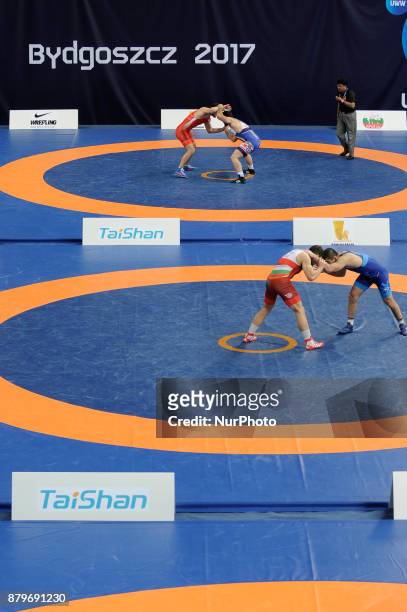 Compertitor's are seen during the repechage matches on the final day of the Senior U23 Wrestling World Championships on November 26, 2017 in...