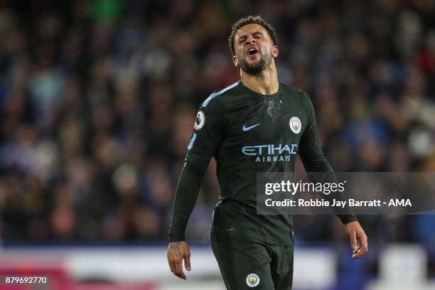 Kyle Walker of Manchester City gestures towards David Wagner head coach / manager of Huddersfield Town during the Premier League match between...