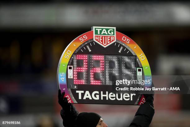 TAGHeuer scoreboard is seen with rainbow colours in support of LGBT during the Premier League match between Huddersfield Town and Manchester City at...