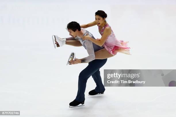 Kana Muramoto and Chris Reed of Japan compete in the Ice Dance Free Dance during day three of 2017 Bridgestone Skate America at Herb Brooks Arena on...