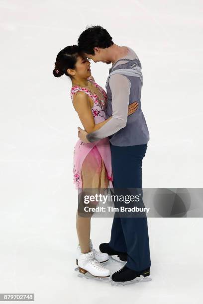 Kana Muramoto and Chris Reed of Japan react after competing in the Ice Dance Free Dance during day three of 2017 Bridgestone Skate America at Herb...