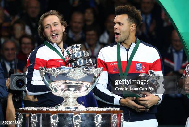 Lucas Pouille, Jo-Wilfried Tsonga of France celebrate winning the Davis Cup during the trophy presentation on day 3 of the Davis Cup World Group...