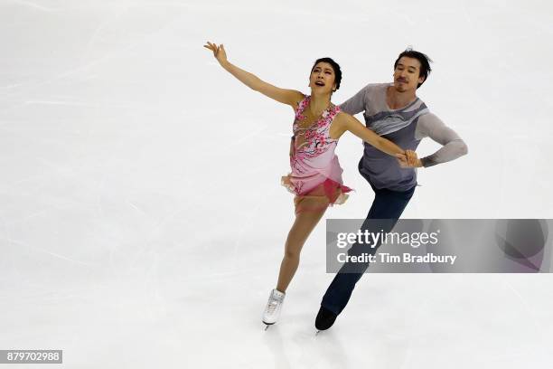 Kana Muramoto and Chris Reed of Japan compete in the Ice Dance Free Dance during day three of 2017 Bridgestone Skate America at Herb Brooks Arena on...