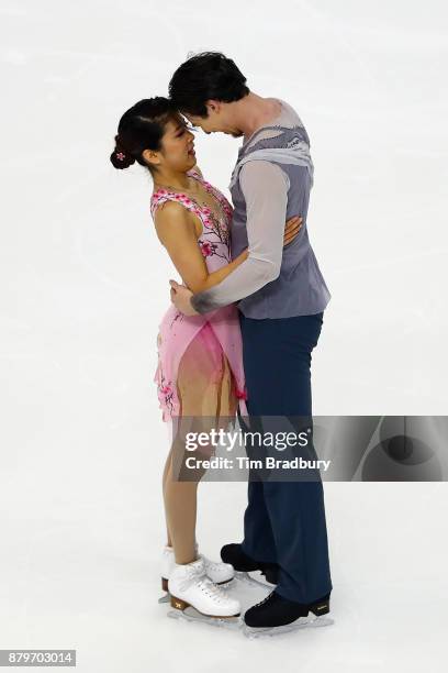 Kana Muramoto and Chris Reed of Japan react after competing in the Ice Dance Free Dance during day three of 2017 Bridgestone Skate America at Herb...