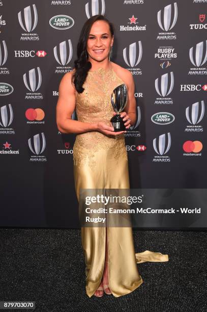 Portia Woodman of New Zealand poses with the World Rugby via Getty Images Women's Player of the Year Award in association with Mastercard during the...