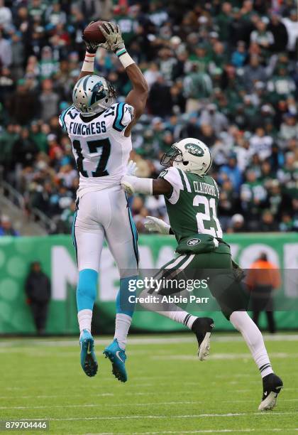 Wide receiver Devin Funchess of the Carolina Panthers makes a catch against cornerback Morris Claiborne of the New York Jets during the second half...