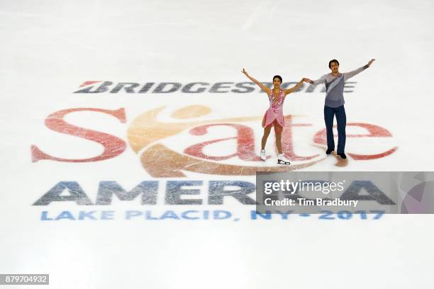 Kana Muramoto and Chris Reed of Japan wave to the crowd after competing in the Ice Dance Free Dance during day three of 2017 Bridgestone Skate...