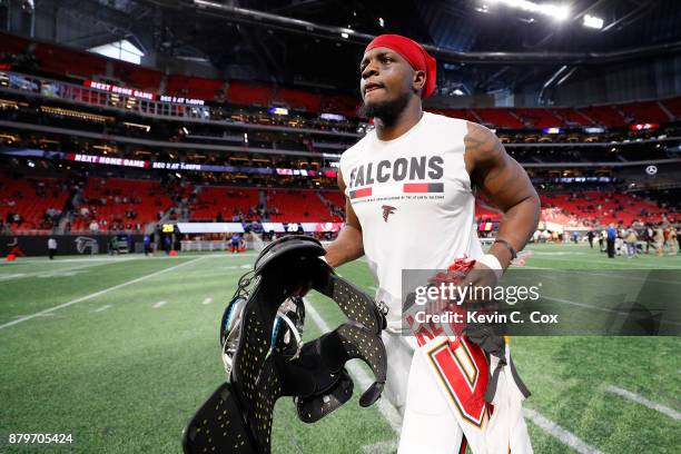 Mohamed Sanu of the Atlanta Falcons runs off the field after beating the Tampa Bay Buccaneers at Mercedes-Benz Stadium on November 26, 2017 in...