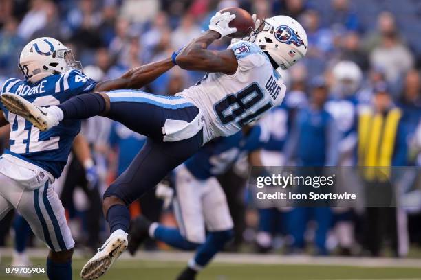 Tennessee Titans wide receiver Corey Davis catches a deep pass down the middle of the field over Indianapolis Colts cornerback Kenny Moore II during...