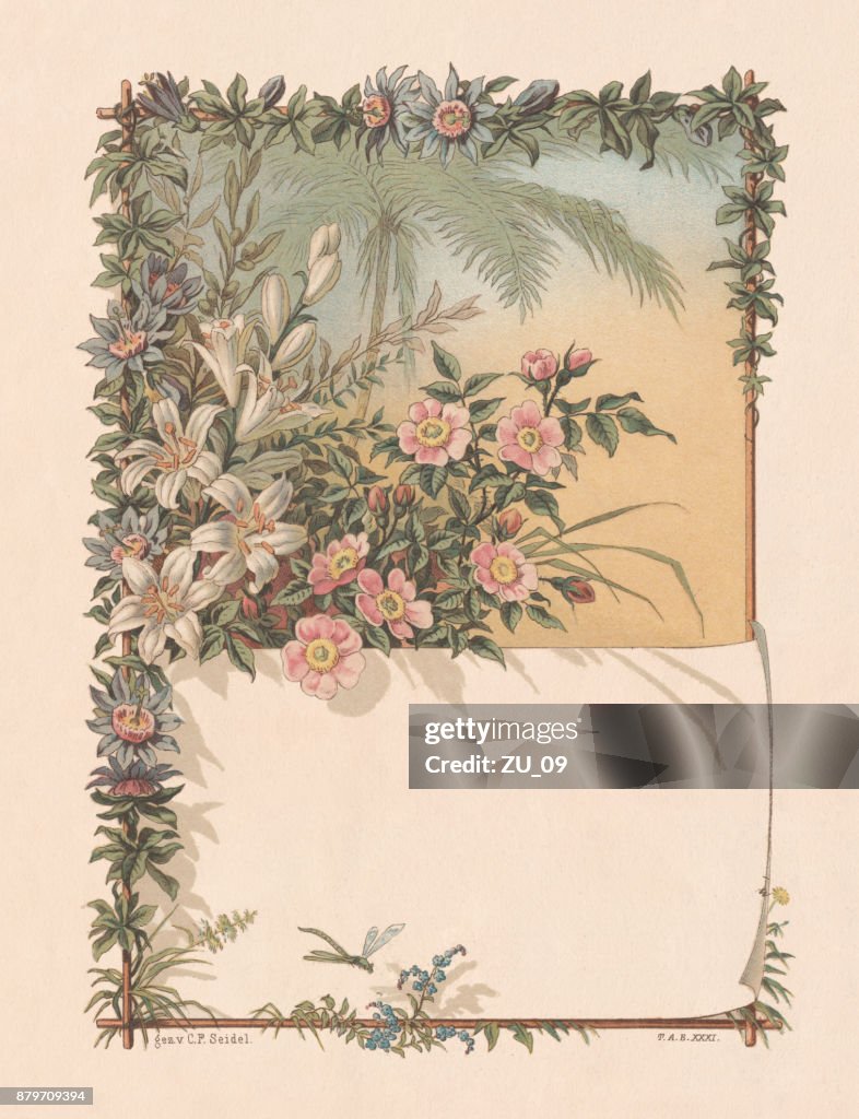 Floral decor with copy space, lithograph, published in 1883