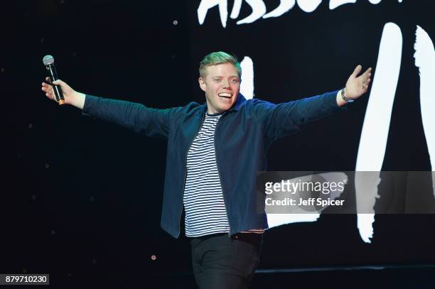 Rob Beckett performs on stage at Absolute Radio Live in aid of Stand Up To Cancer at London Palladium on November 26, 2017 in London, England.