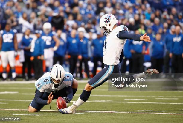 Ryan Succop of the Tennessee Titans kicks a field goal against the Indianapolis Colts at Lucas Oil Stadium on November 26, 2017 in Indianapolis,...