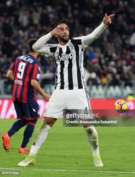 El Mouttaqui Benatia of Juventus celebrates after scoring his team third goal during the Serie A match between Juventus and FC Crotone at Allianz...