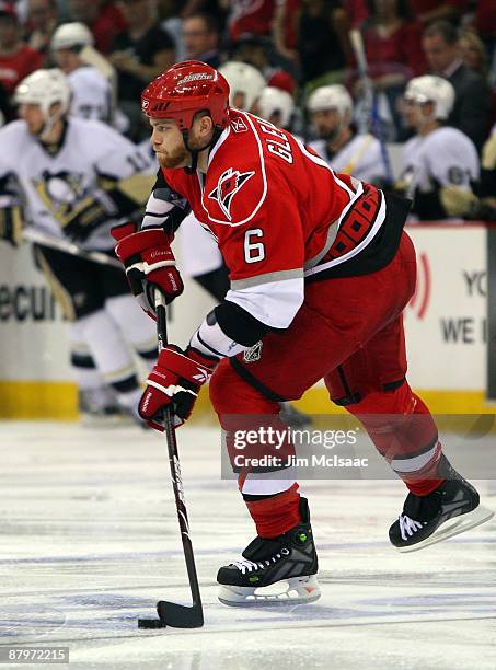 Tim Gleason of the Carolina Hurricanes skates against the Pittsburgh Penguins during Game Three of the Eastern Conference Championship Round of the...