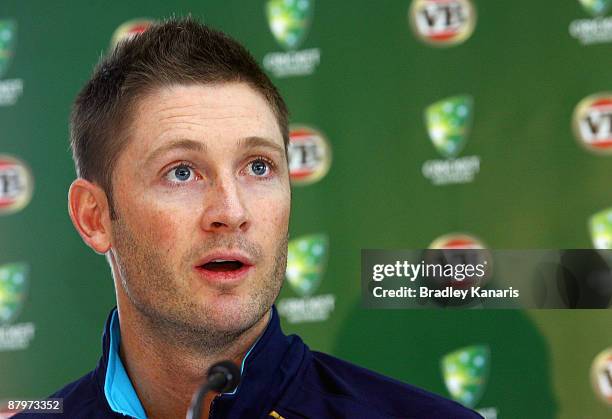 Michael Clarke speaks to the media during an Australian Cricket team press conference at the Hyatt Regency Coolum on May 26, 2009 at the Sunshine...