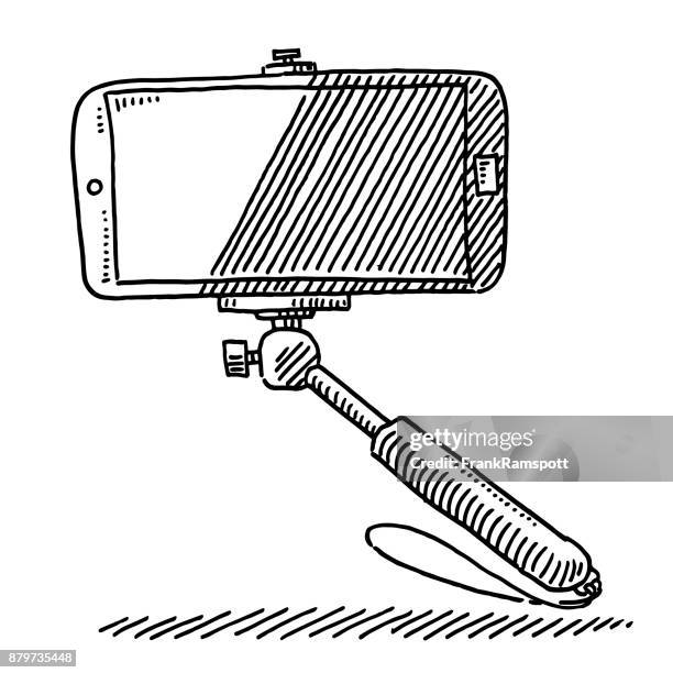 stockillustraties, clipart, cartoons en iconen met smartphone op de selfie stick tekening - selfiestick