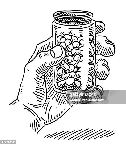 hand holding a pill bottle drawing - hand pill stock illustrations