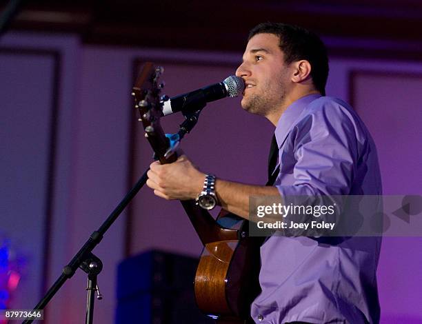 Mark Ballas performs onstage with his band 'The Ballas-Hough Band' on his 23rd Birthday inside the Indy 500 race after party at The Conrad Hotel on...