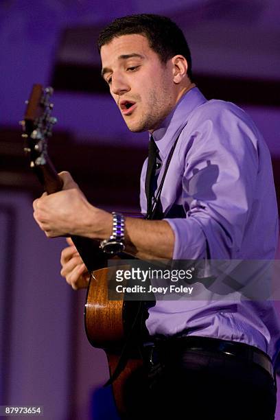 Mark Ballas performs onstage with his band 'The Ballas-Hough Band' on his 23rd Birthday inside the Indy 500 race after party at The Conrad Hotel on...