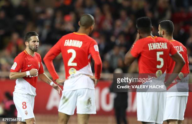 Monaco's Portuguese midfielder Joao Moutinho celebrates after scoring a goal during the French L1 football match between Monaco and Paris...
