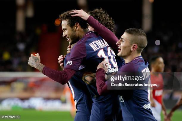 Neymar Jr of Paris Saint Germain celebrates 2-0 with Adrien Rabiot of Paris Saint Germain, Marco Verratti of Paris Saint Germain during the French...