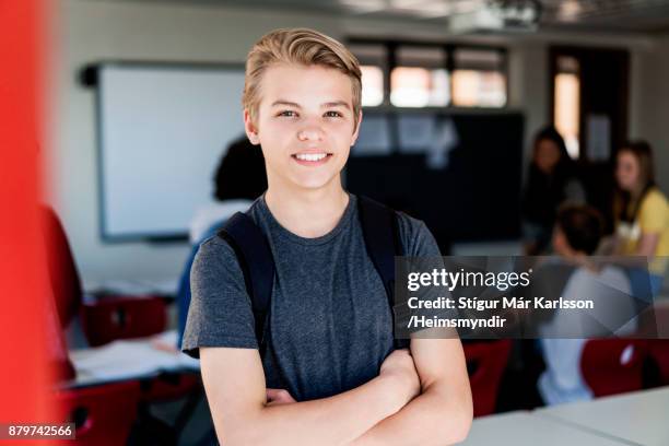 blonde tiener glimlachen met gekruiste armen - fair haired boy stockfoto's en -beelden