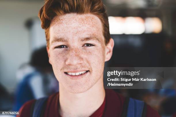 close-up of smiling redhead teenage boy - red hair boy and freckles stock pictures, royalty-free photos & images