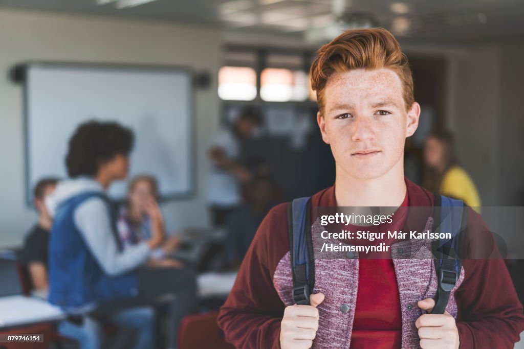 Confident redhead teenage boy in classroom