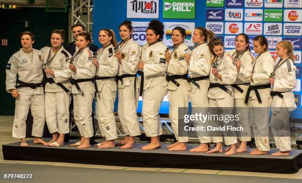 The silver medal winning Judo-Club Munchengladbach team and reserves consisting of Nieke Nordmeyer; Nieke Heeb, Roxana Conradus, Vanessa Natoli, Mira...