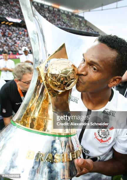 Jo of Corinthians celebrates with the trophy after Corinthians win the Brasileirao 2017 after the match against Atletico MG for the Brasileirao...