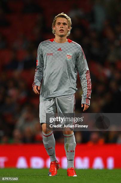 Chris Buchtmann of Liverpool looks on during the FA Youth Cup Final 1st Leg match between Arsenal and Liverpool at The Emirates Stadium on May 22,...