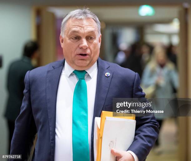 Hungarian Prime Minister Viktor Mihaly Orban arrives for an EU-Eastern partnership summit on November 24, 2017 in Brussel, Belgium.