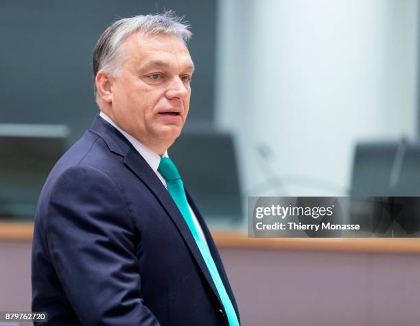 Hungarian Prime Minister Viktor Mihaly Orban arrives for an EU-Eastern partnership summit on November 24, 2017 in Brussel, Belgium.