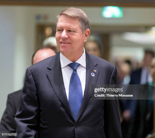 Romanian President Klaus Werner Iohannis arrives for an EU-Eastern partnership summit on November 24, 2017 in Brussel, Belgium.