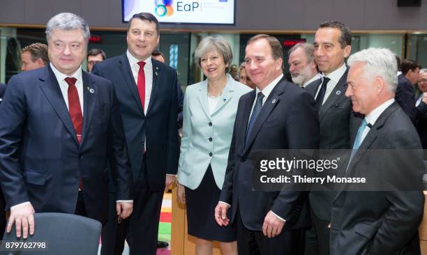 Ukrainian President Petro Poroshenko is posing with the Latvian President Raimonds Vejonis, Prime Minister of the United Kingdom Theresa May, Swedish...