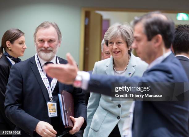 Prime Minister of the United Kingdom Theresa May arrives for an EU-Eastern partnership summit on November 24, 2017 in Brussel, Belgium.