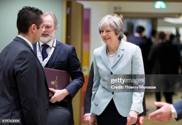 Prime Minister of the United Kingdom Theresa May arrives for an EU-Eastern partnership summit on November 24, 2017 in Brussel, Belgium.