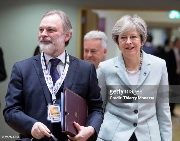 Prime Minister of the United Kingdom Theresa May arrives for an EU-Eastern partnership summit on November 24, 2017 in Brussel, Belgium.