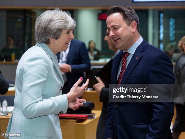 Prime Minister of the United Kingdom Theresa May is talking with the Luxembourg Prime Minister Xavier Bettel prior an EU-Eastern partnership summit...