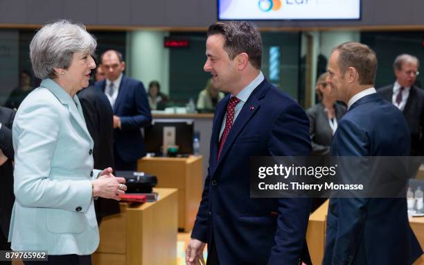 Prime Minister of the United Kingdom Theresa May is talking with the Luxembourg Prime Minister Xavier Bettel prior an EU-Eastern partnership summit...