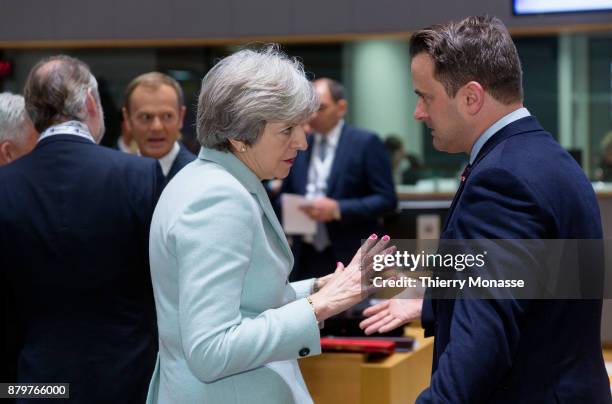 Prime Minister of the United Kingdom Theresa May is talking with the Luxembourg Prime Minister Xavier Bettel prior an EU-Eastern partnership summit...